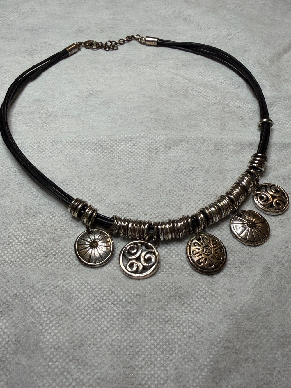 Talbots Leather Cord Necklace with Silver-Tone Medallion Charms - Black